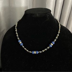 Gunmetal Blue and Crystal Beaded Necklace